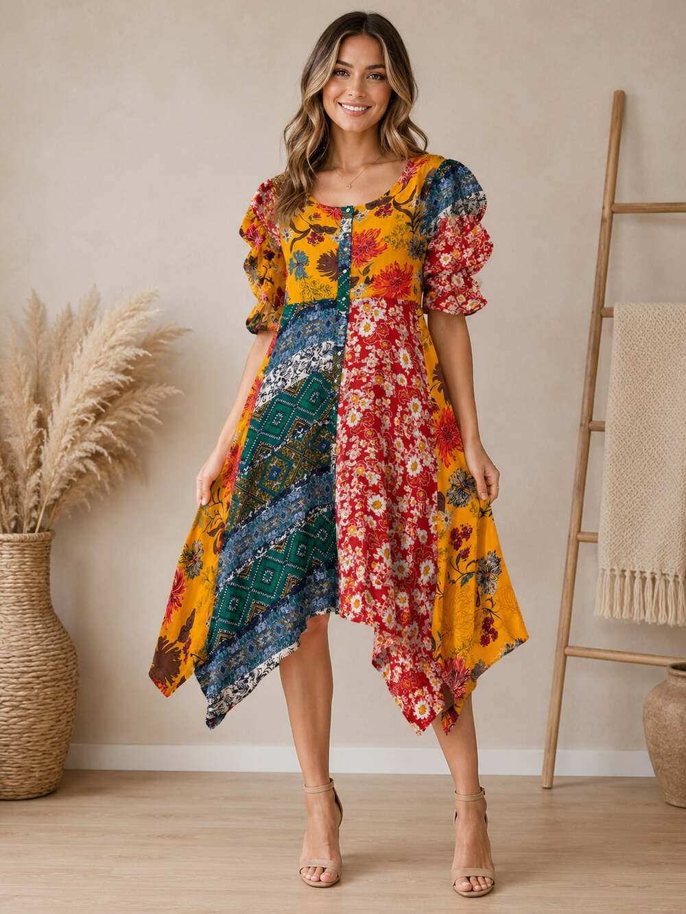 Umgee USA Patchwork Floral Boho Dress Medium Asymmetrical Hem Bell Sleeve M